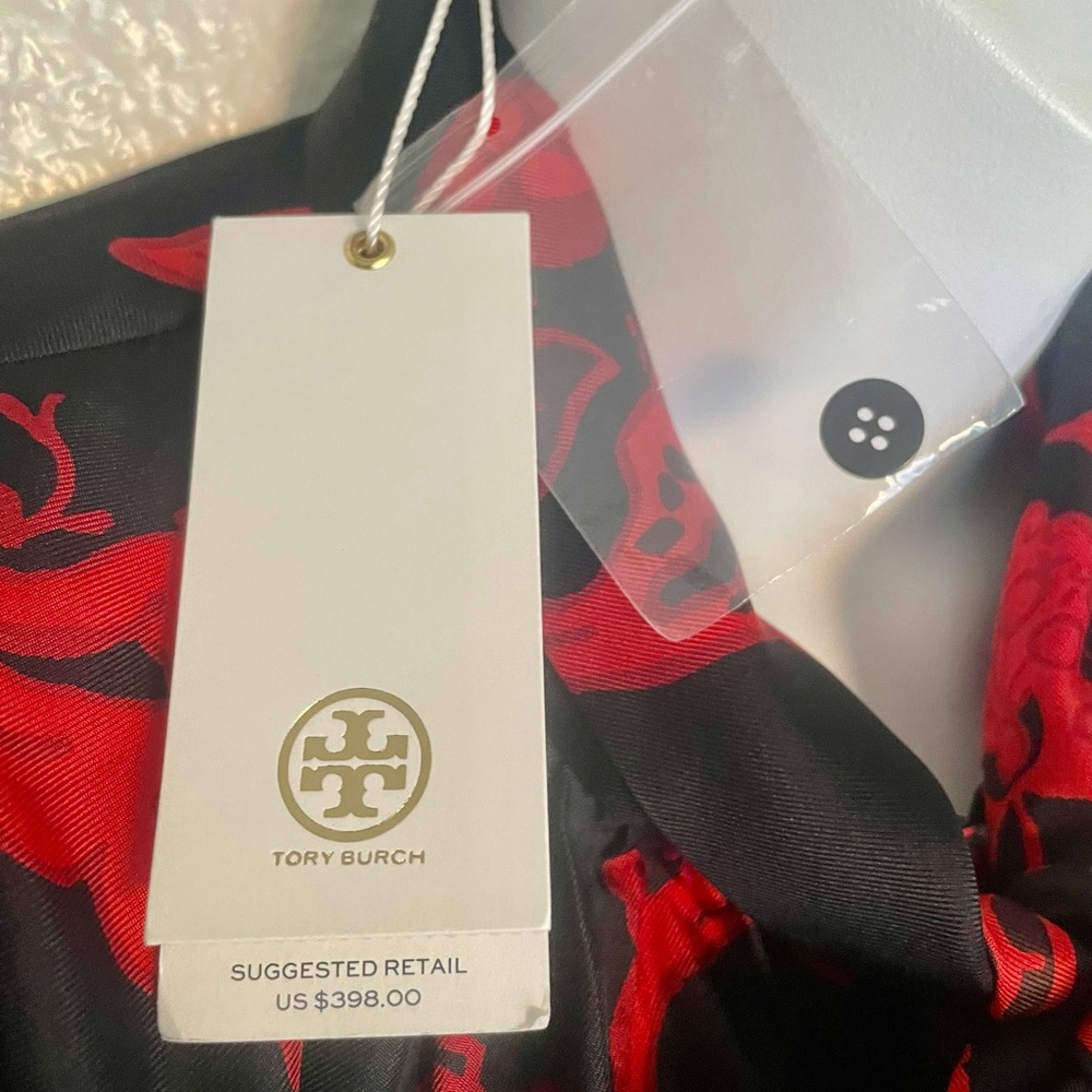 TORY BURCH Black & Red Floral Tie-Neck Blouse, NWT. - Picture 4 of 9